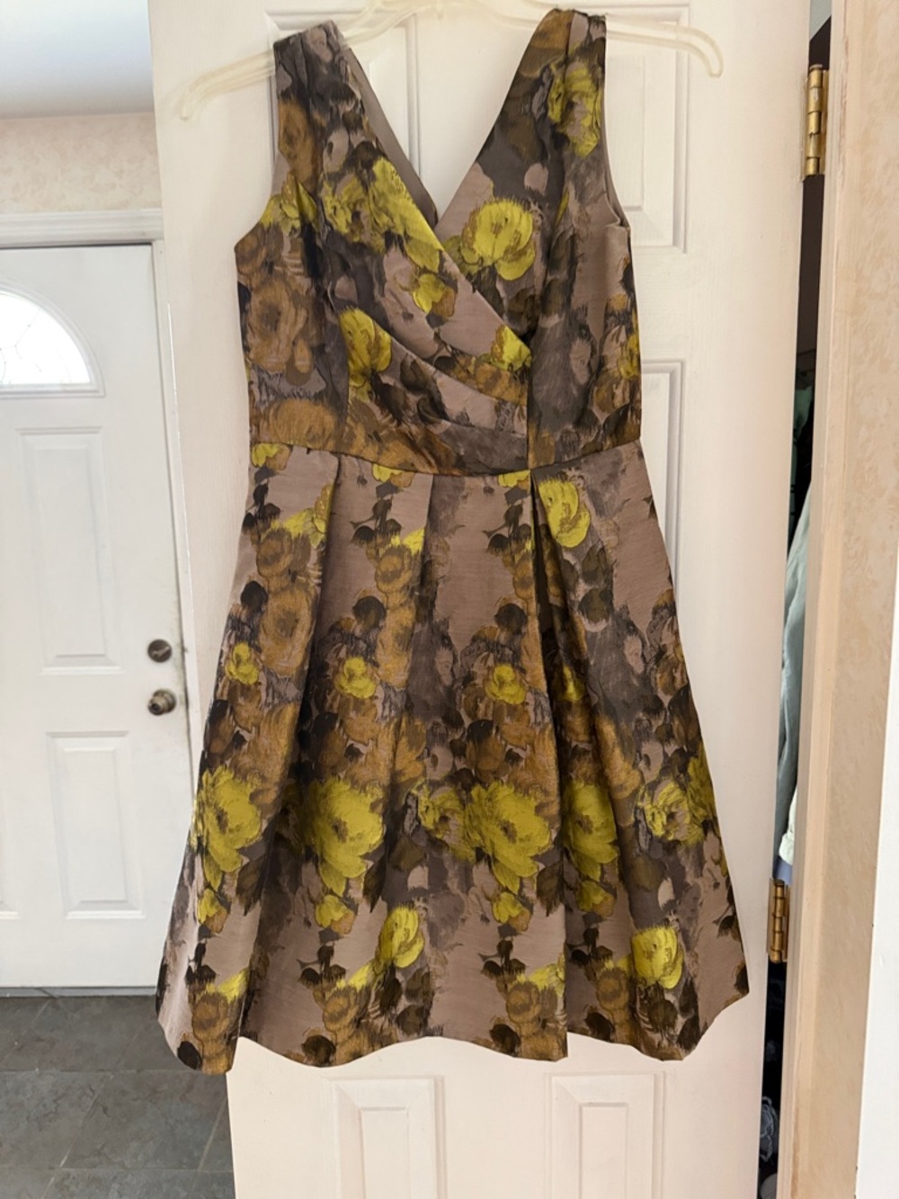 Adrianna Papell Olive Green and Taupe Floral Jacquard Midi Dress
